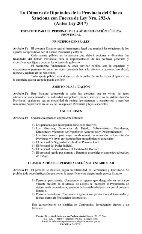 LEY 292A Estatuto PARA EL Personal DE LA Administración .